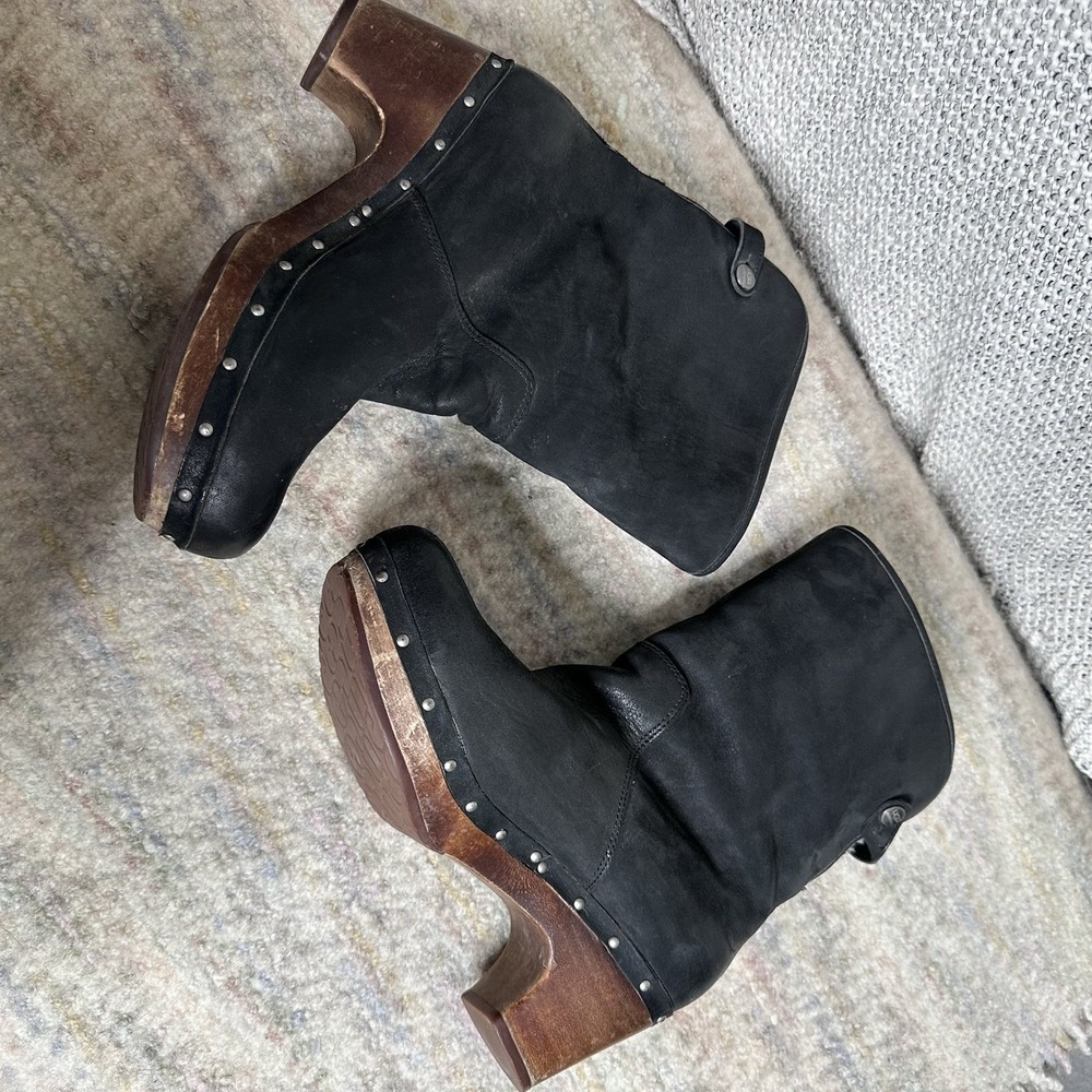 Black Leather Shearling Cuff Clog Boots - Picture 6 of 9